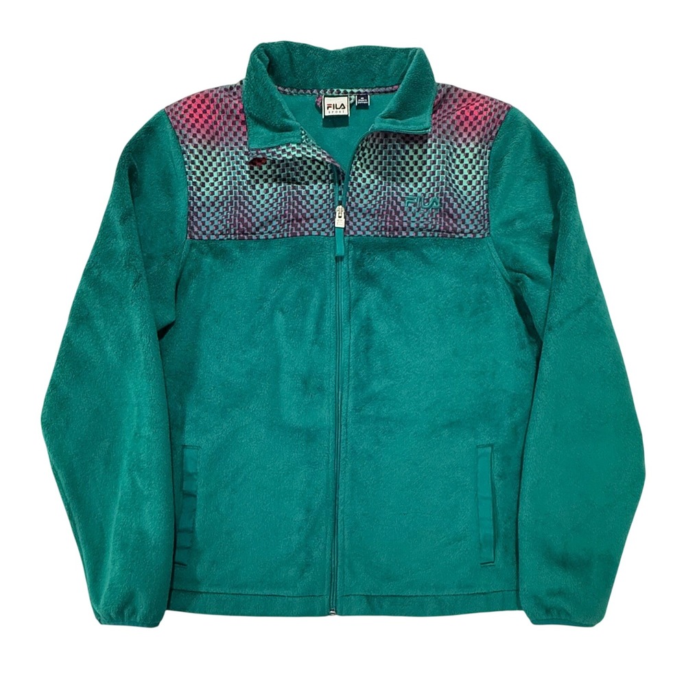 FILA Sport Fleece Full Zip Jacket Green Pink Patterned Womens Medium (243)